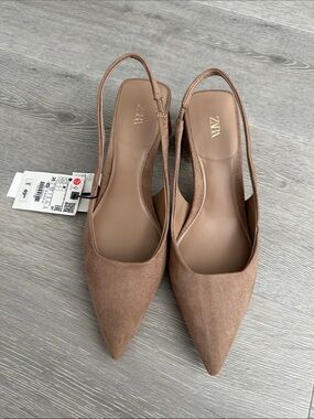 ZARA Brown Suede-Look Pointed Slingback Flats